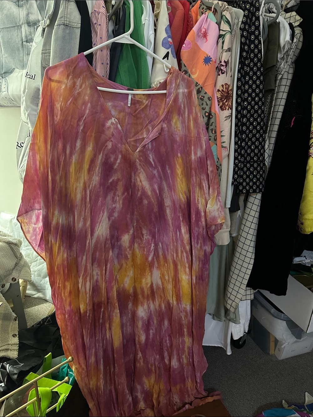 Free people double layered flowy dress Tie-Dye V-Neck in Pink & Yellow
